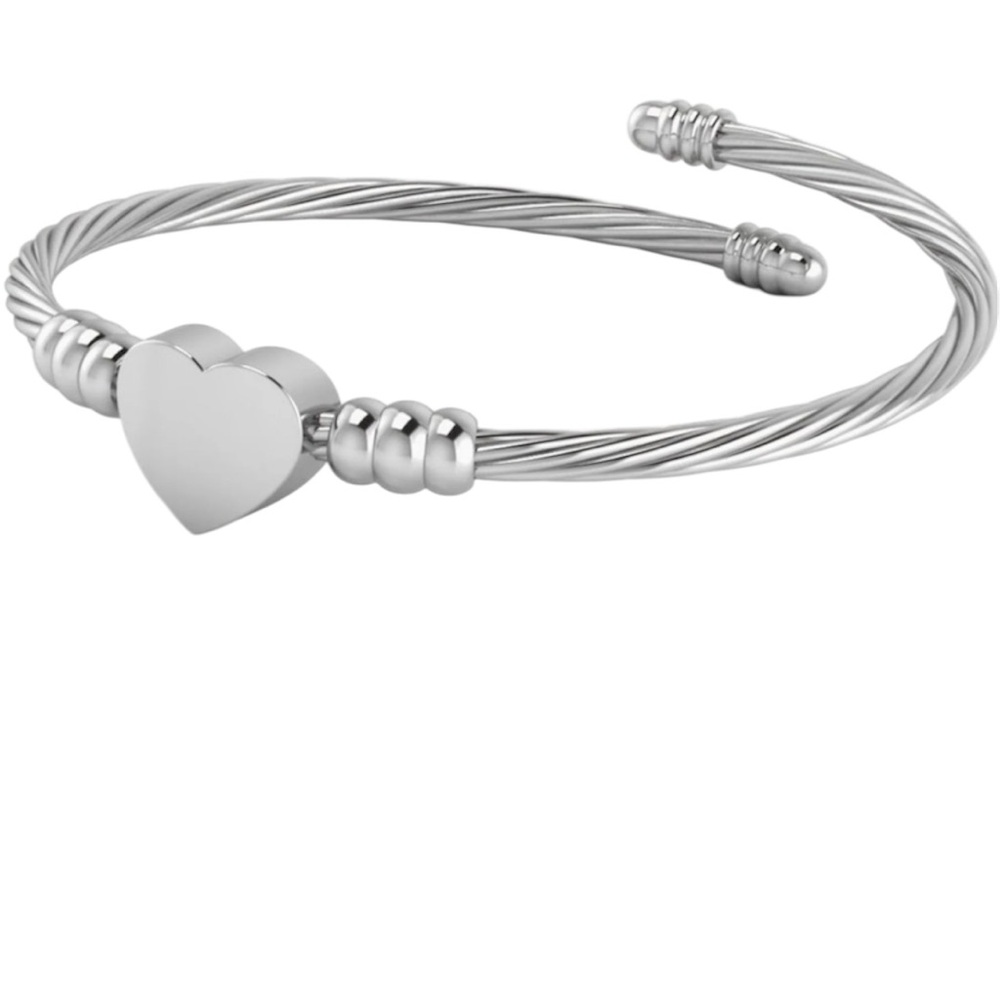 Woman’s stainless steel adjustable cuff bangle bracelet with a  heart charm.